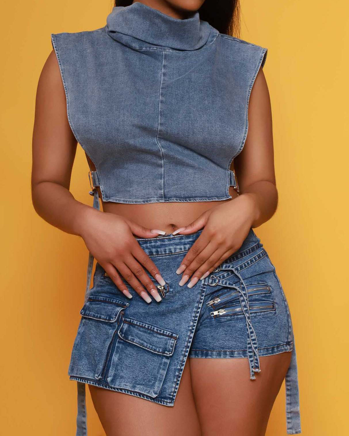 Stretch-Zip Multi-Pocket Denim Shorts