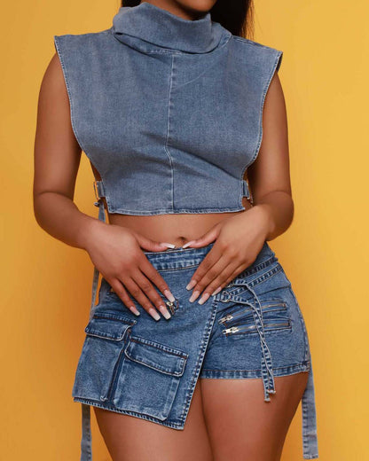 Stretch-Zip Multi-Pocket Denim Shorts