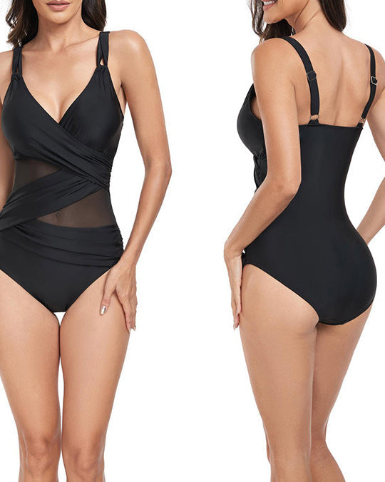 Gathered V-Neck Mesh Stitching One-Piece Swimsuit