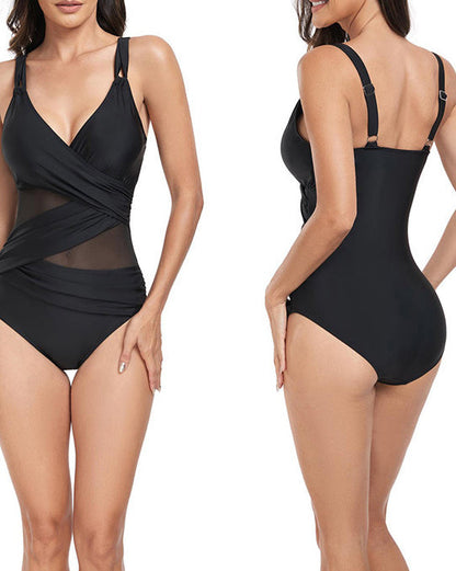 Gathered V-Neck Mesh Stitching One-Piece Swimsuit