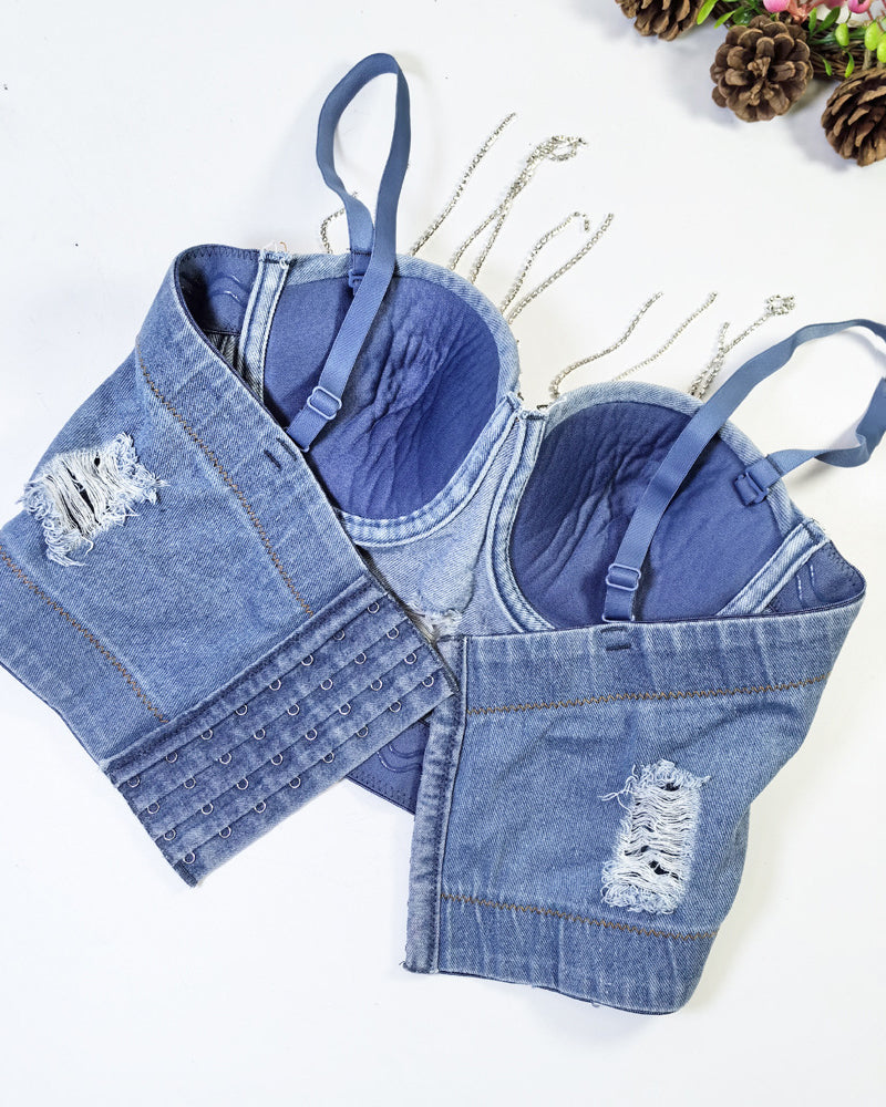 Distressed Denim Embellished Diamond Beaded Fringed Back Bandeau