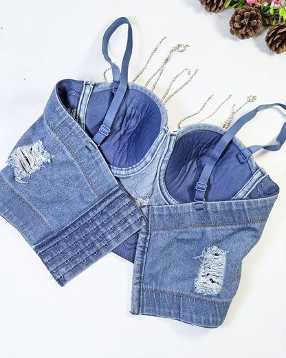 Distressed Denim Embellished Diamond Beaded Fringed Back Bandeau