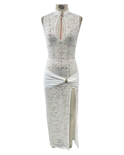 Lace Hollow High Slit Slim Sleeveless Dress