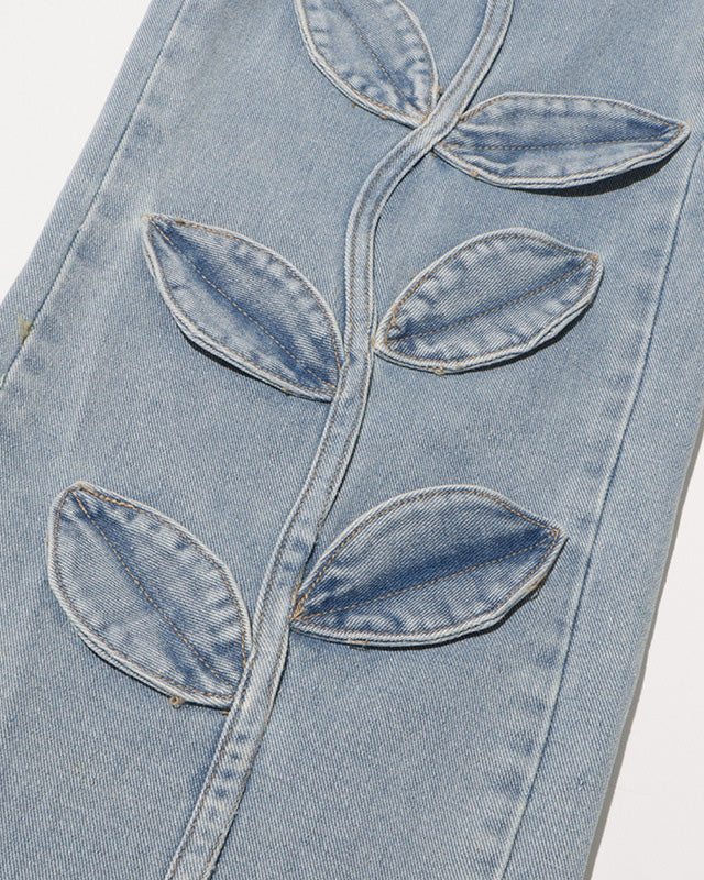 High-Waist Straight-Leg Casual Jeans With Floral Pattern