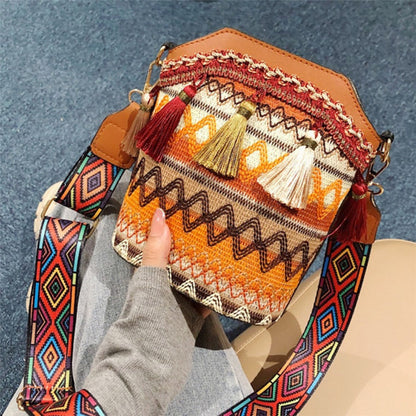 Fashion Patchwork Ethnic Print Tassel Design Crossbody Bag