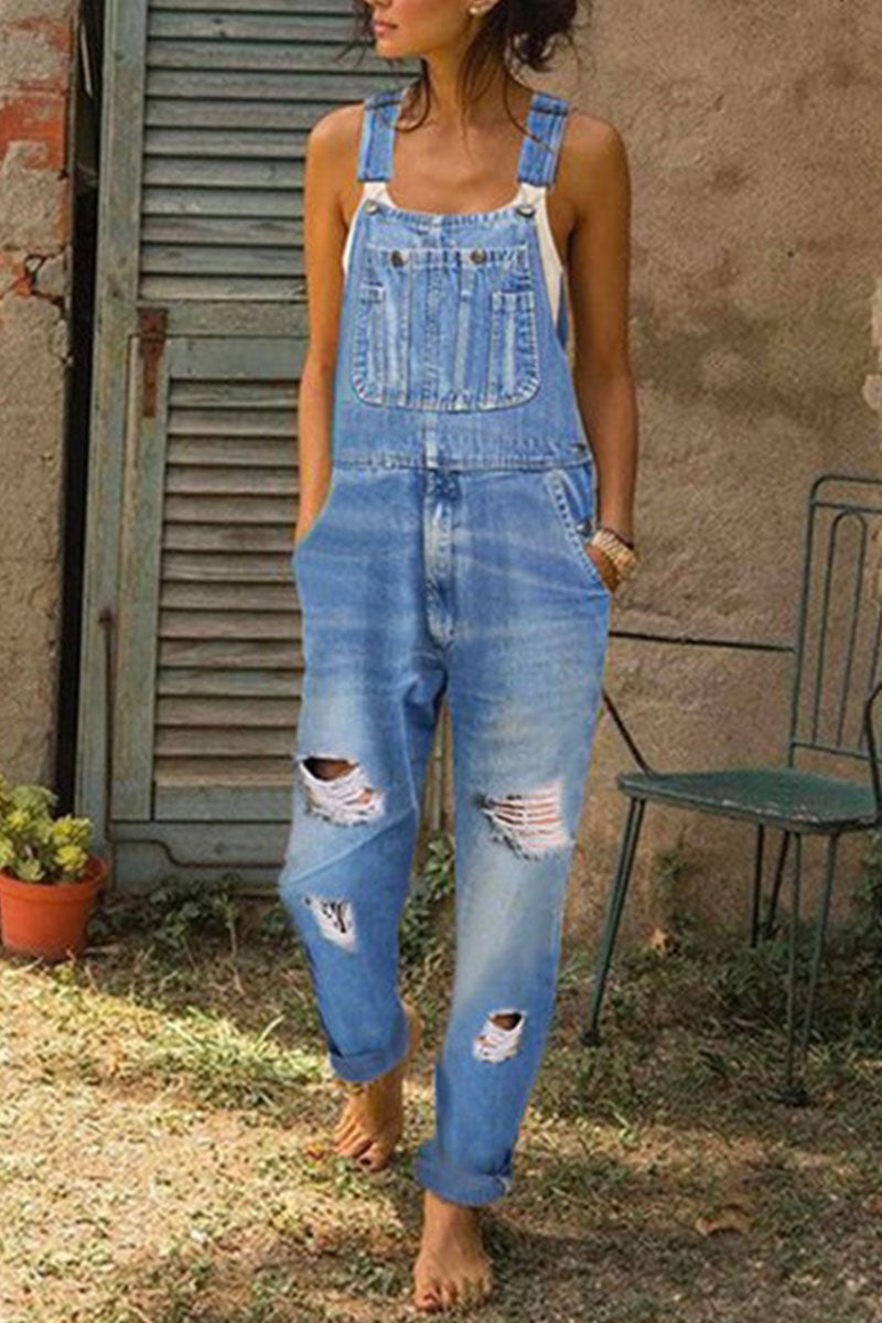 Moda Casual Sólido Desgarrado Suelto Denim