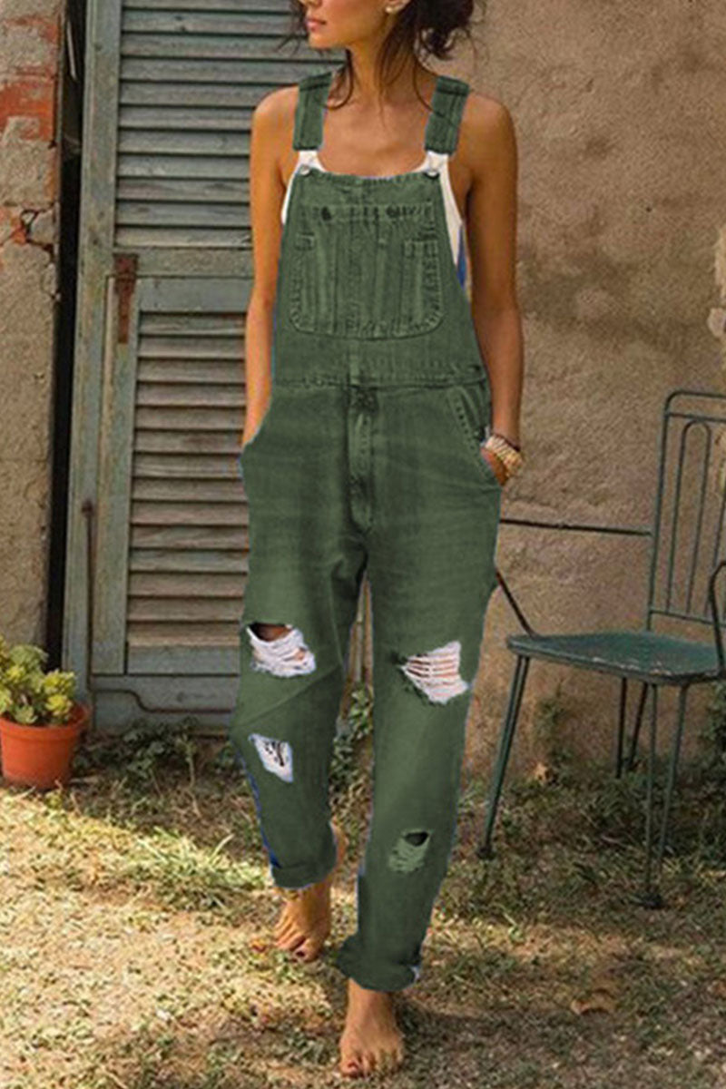 Moda Casual Sólido Desgarrado Suelto Denim