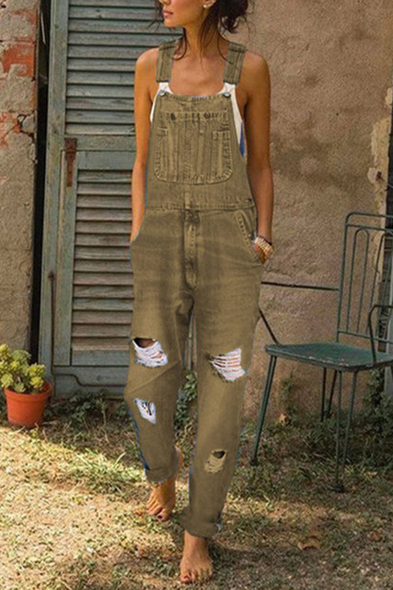 Moda Casual Sólido Desgarrado Suelto Denim