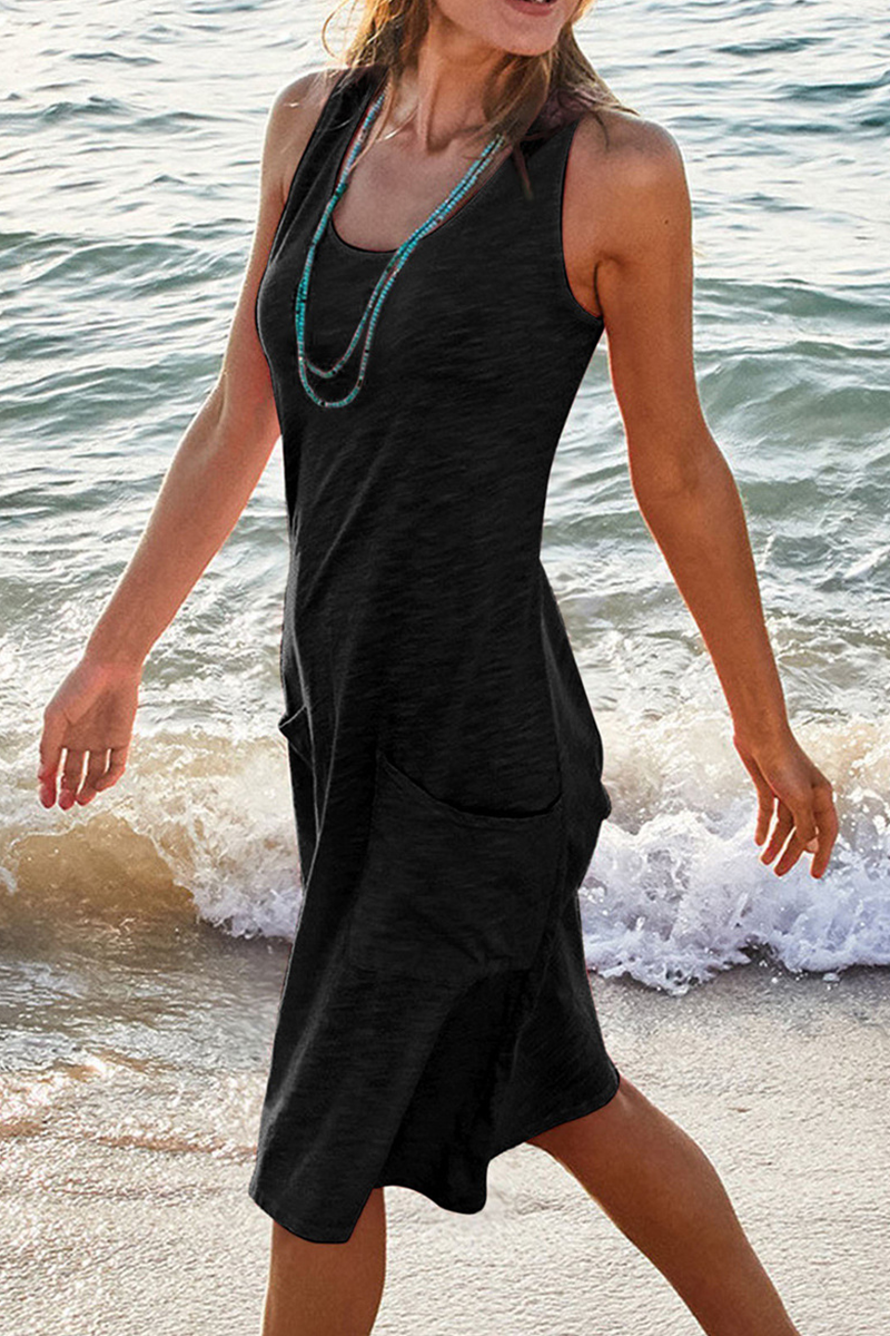 Vestidos casuales lisos de patchwork con bolsillos, básicos, cuello redondo y rectos