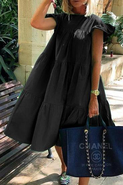 Vestidos casuales de patchwork lisos básicos con cuello redondo y falda pastel