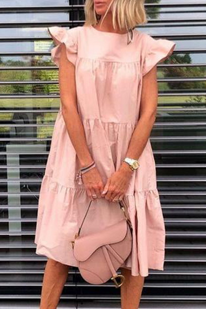 Vestidos casuales de patchwork lisos básicos con cuello redondo y falda pastel