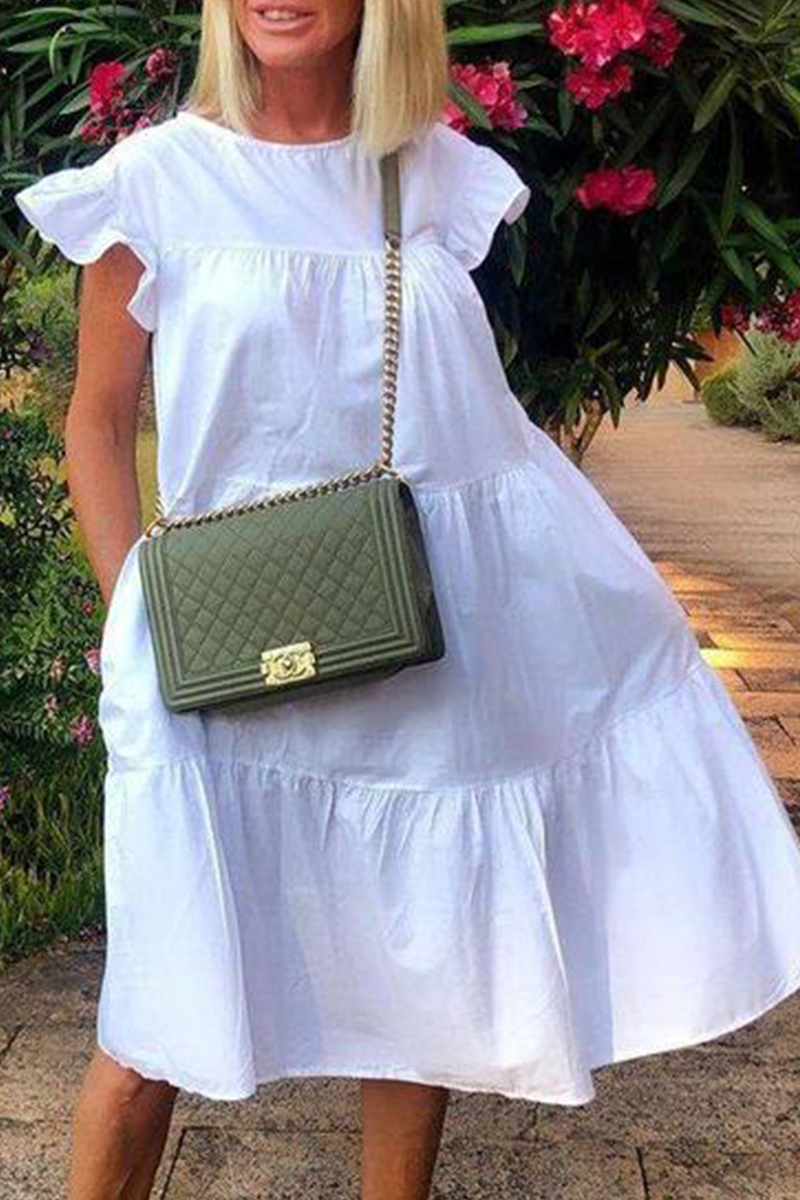 Vestidos casuales de patchwork lisos básicos con cuello redondo y falda pastel