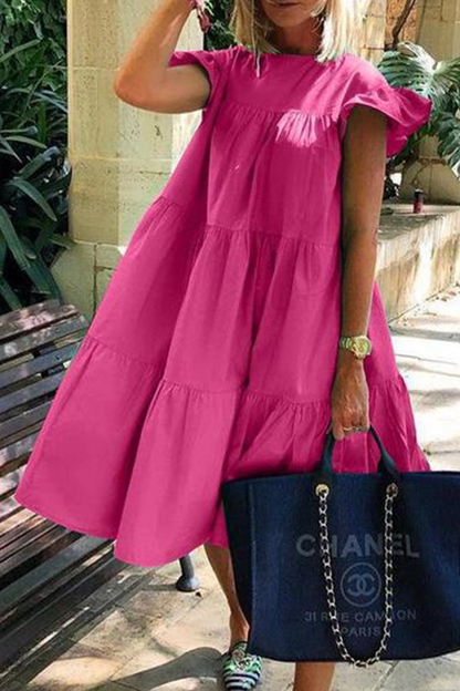 Vestidos casuales de patchwork lisos básicos con cuello redondo y falda pastel