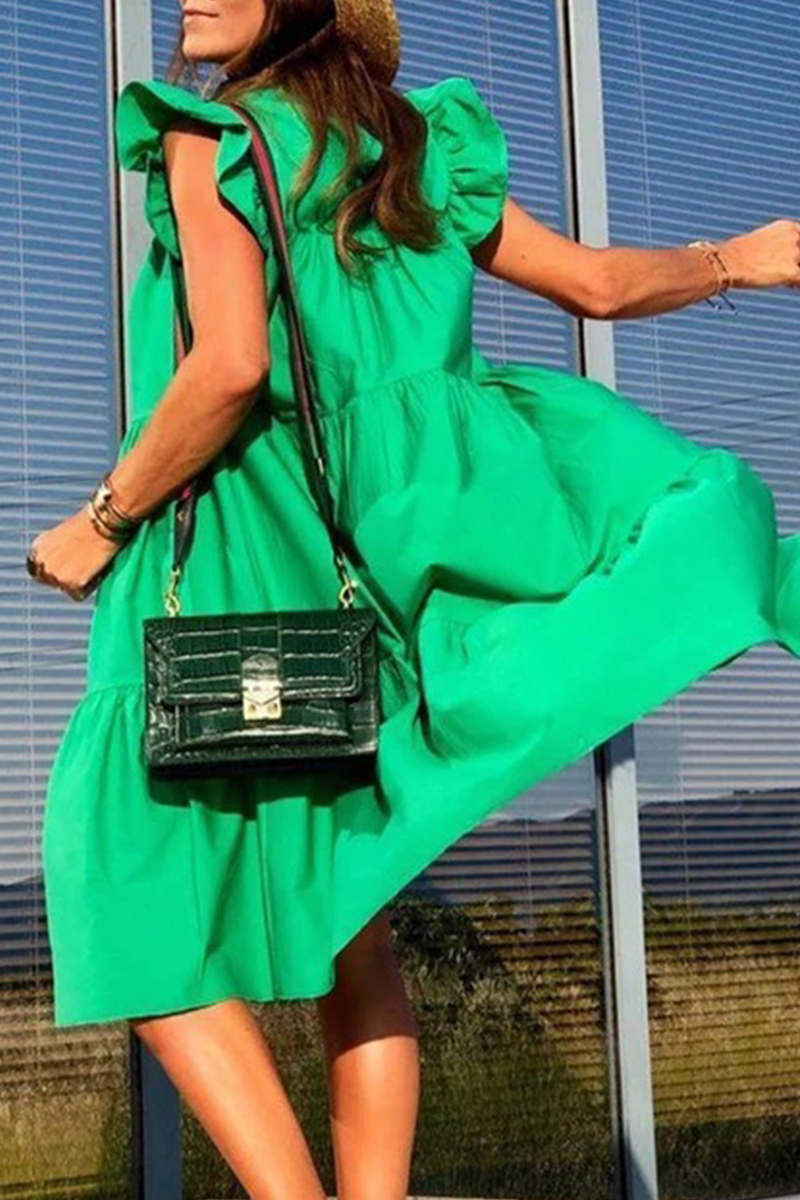 Vestidos casuales de patchwork lisos básicos con cuello redondo y falda pastel