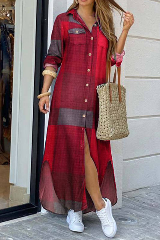 Vestido informal de cuadros con bolsillos y hebilla, cuello camisero, corte A (4 colores)