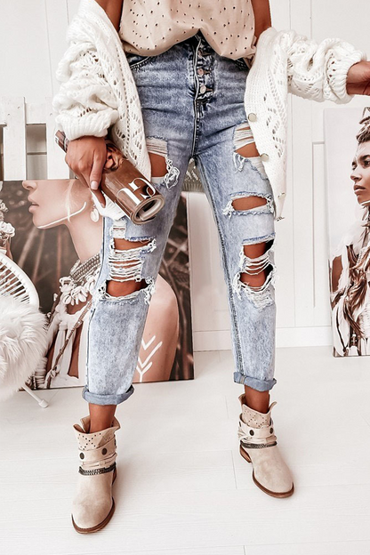 Street Solid Ripped Hollowed Out Regular Jeans