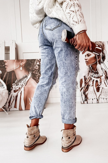 Street Solid Ripped Hollowed Out Regular Jeans