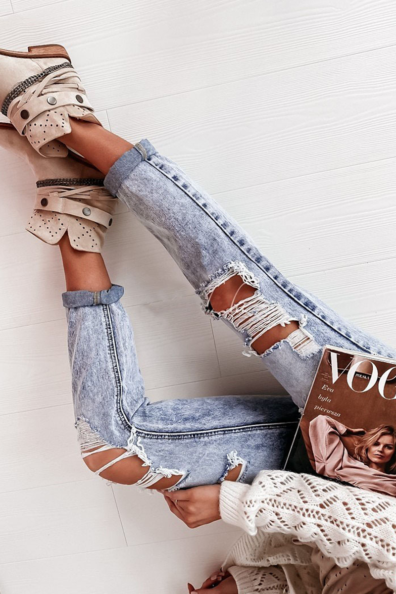 Street Solid Ripped Hollowed Out Regular Jeans