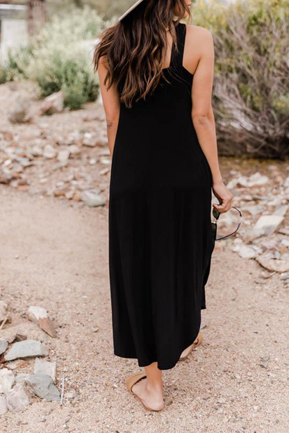 Vestido largo informal holgado de color liso con bolsillos y cuello cruzado