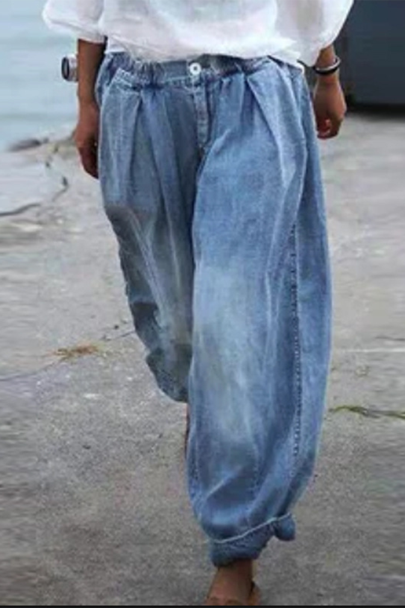 Pantalones casuales de color liso con parches, holgados, de pierna ancha y doblados