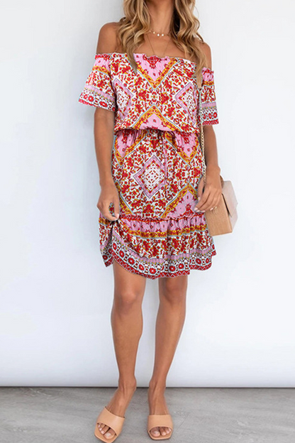 Bohemian Print Patchwork Off the Shoulder A Line Dresses