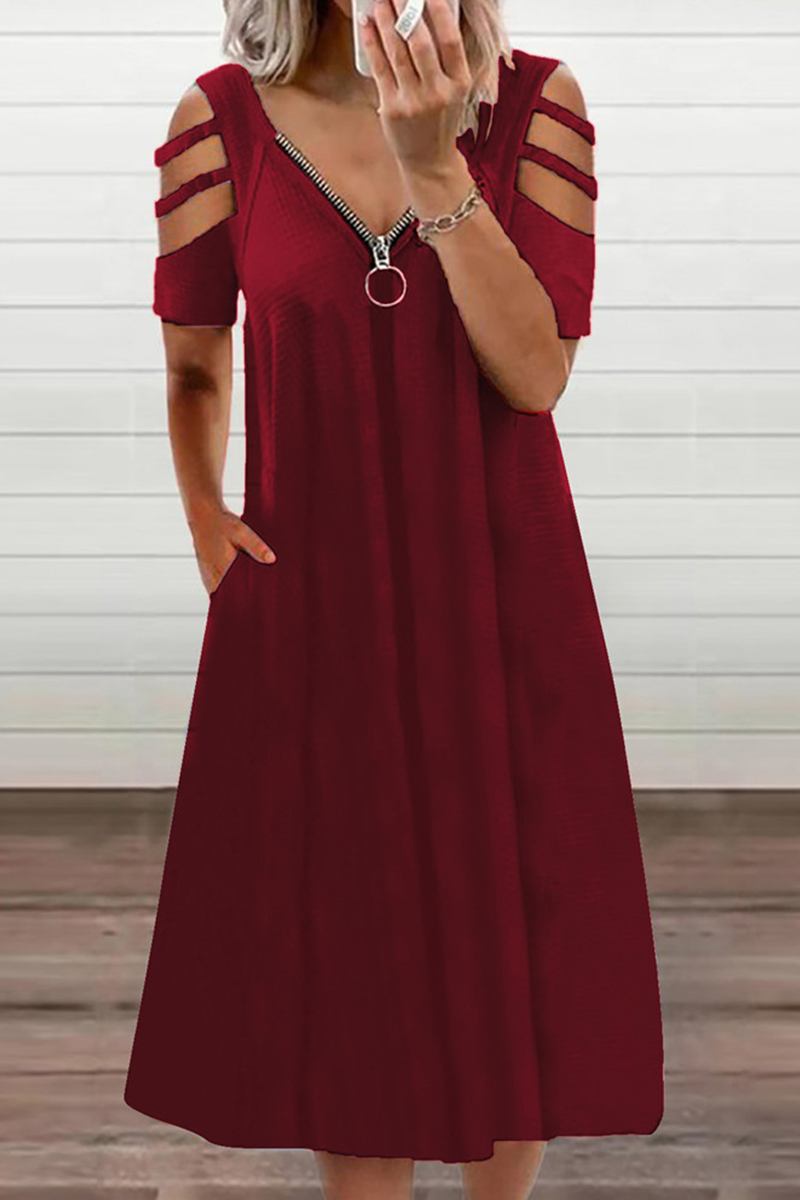 Vestidos casuales de corte A con escote en V, cremallera y abertura en un solo color