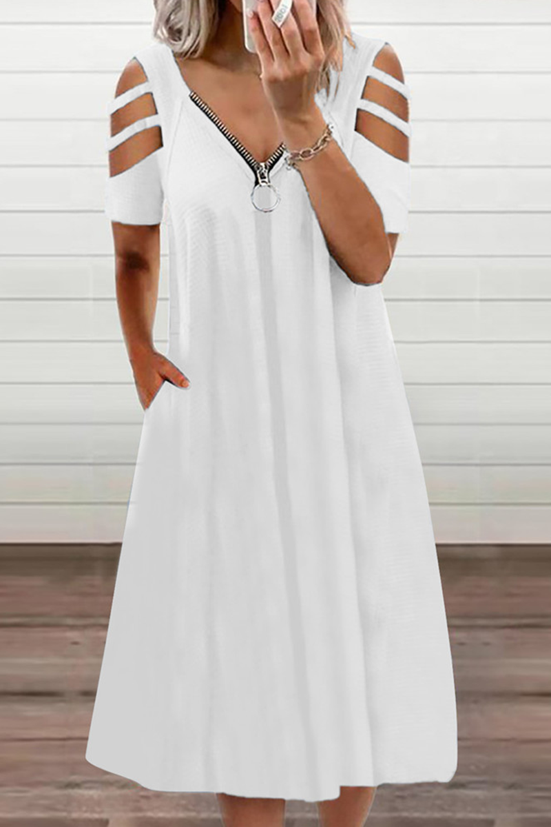 Vestidos casuales de corte A con escote en V, cremallera y abertura en un solo color