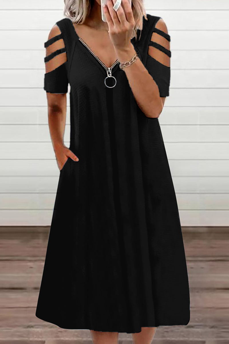 Vestidos casuales de corte A con escote en V, cremallera y abertura en un solo color