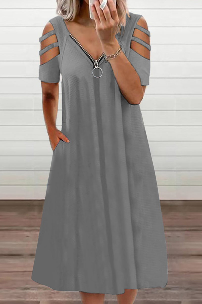 Vestidos casuales de corte A con escote en V, cremallera y abertura en un solo color