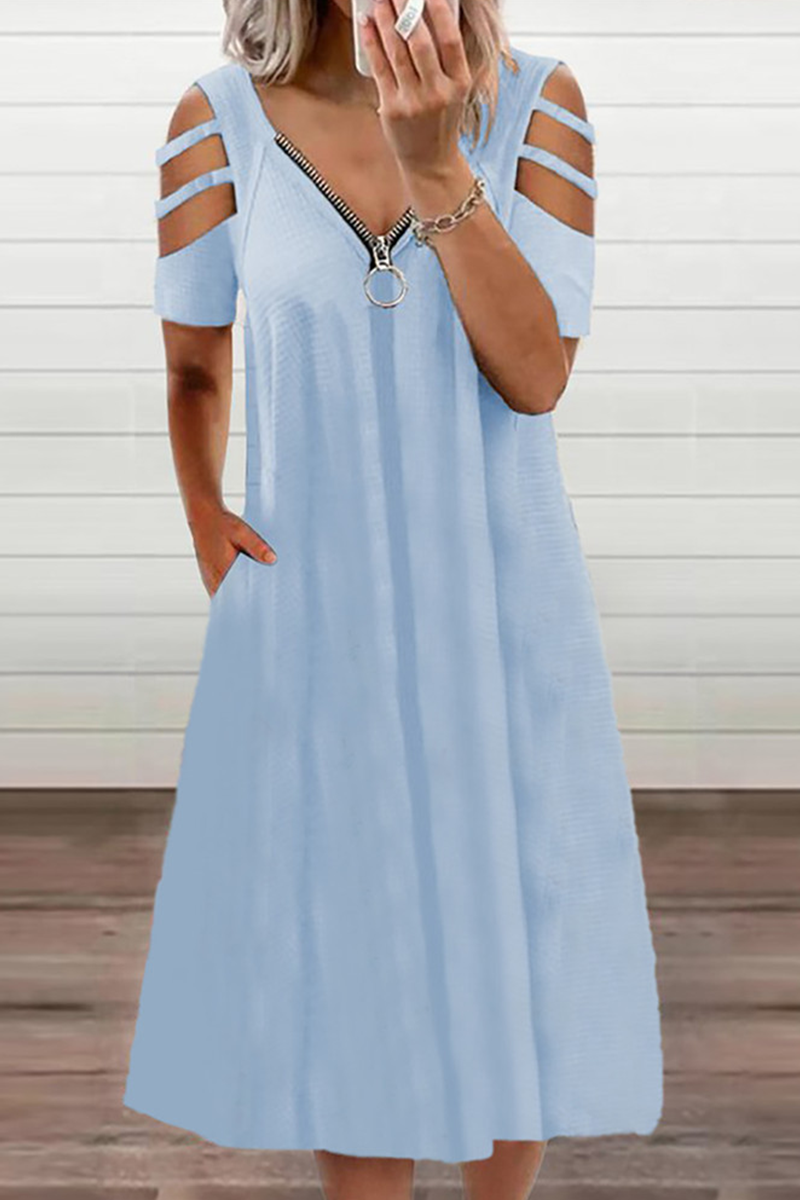 Vestidos casuales de corte A con escote en V, cremallera y abertura en un solo color