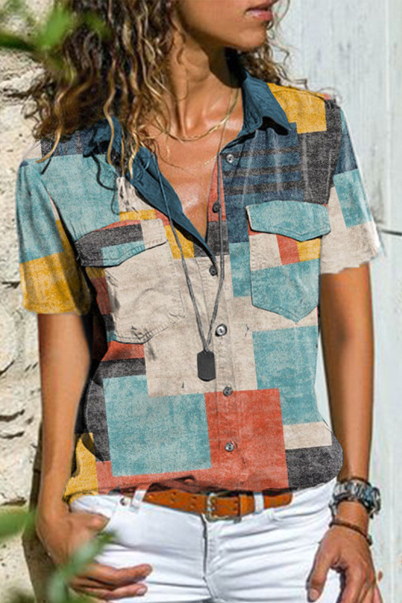 Camisa informal con cuello de camisa y hebilla con estampado de patchwork (4 colores)