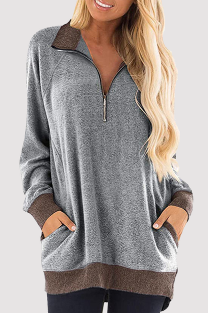 Casual Patchwork Pocket Zipper Turndown Collar Tops(4 Colors)£©