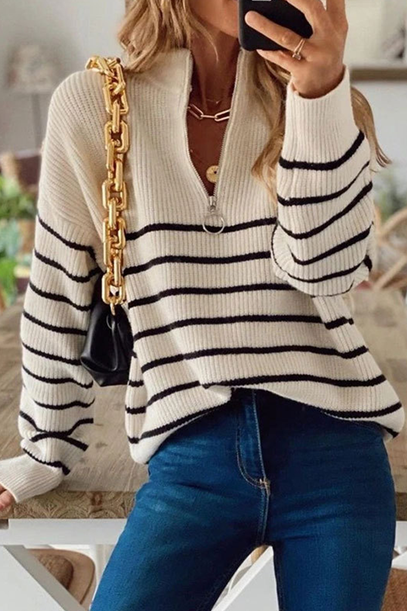 Sexy Striped Patchwork Zipper Collar Tops Sweater(3 Colors)