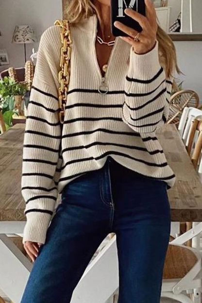Sexy Striped Patchwork Zipper Collar Tops Sweater(3 Colors)