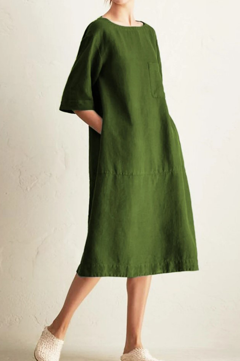 Casual Solid Patchwork Pocket O Neck A Line Dresses(6 Colors)