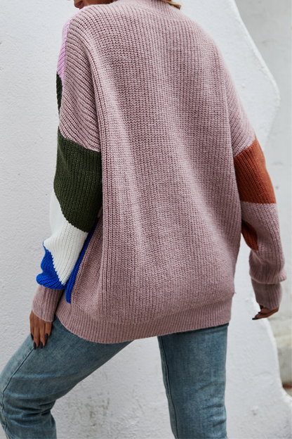 Suéter de cuello en V con hebilla y abertura en la articulación de color de calle de moda