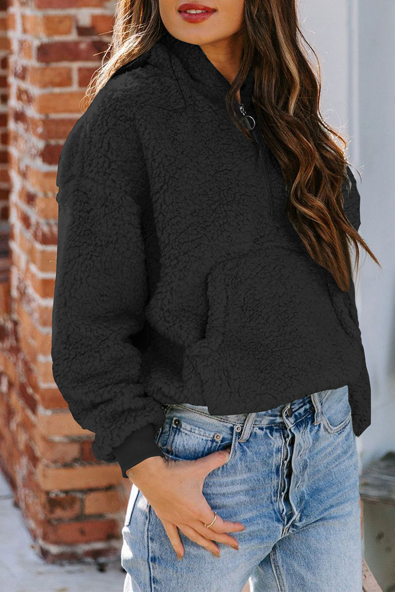 Casual Solid Pocket Zipper Hooded Collar Tops