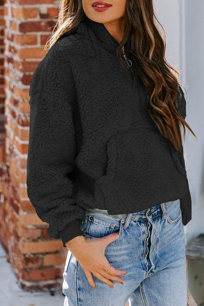 Casual Solid Pocket Zipper Hooded Collar Tops