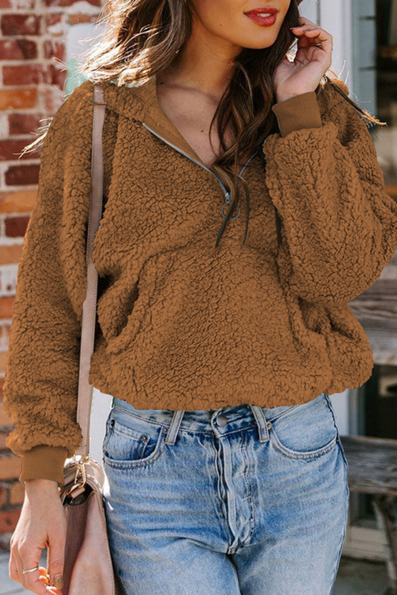 Casual Solid Pocket Zipper Hooded Collar Tops