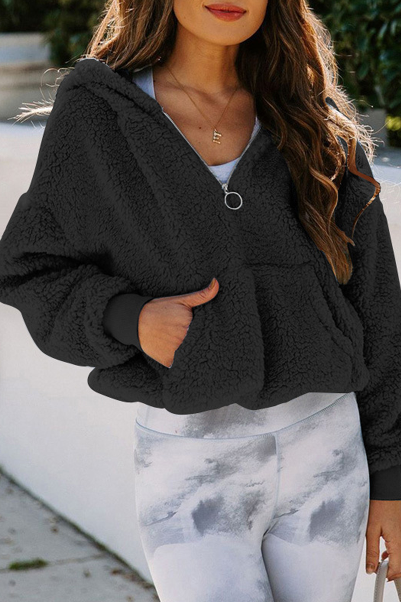 Casual Solid Pocket Zipper Hooded Collar Tops