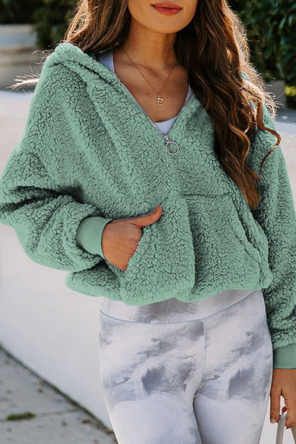 Casual Solid Pocket Zipper Hooded Collar Tops