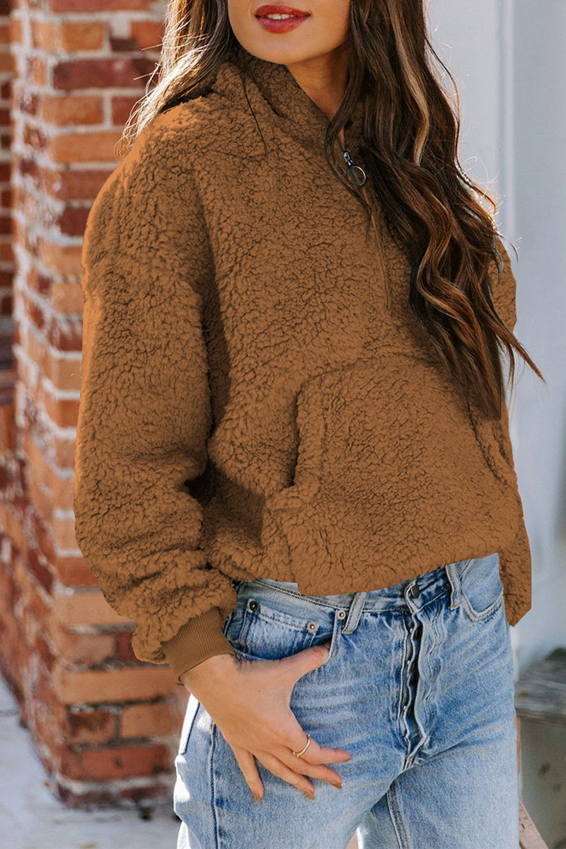 Casual Solid Pocket Zipper Hooded Collar Tops