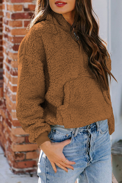 Casual Solid Pocket Zipper Hooded Collar Tops