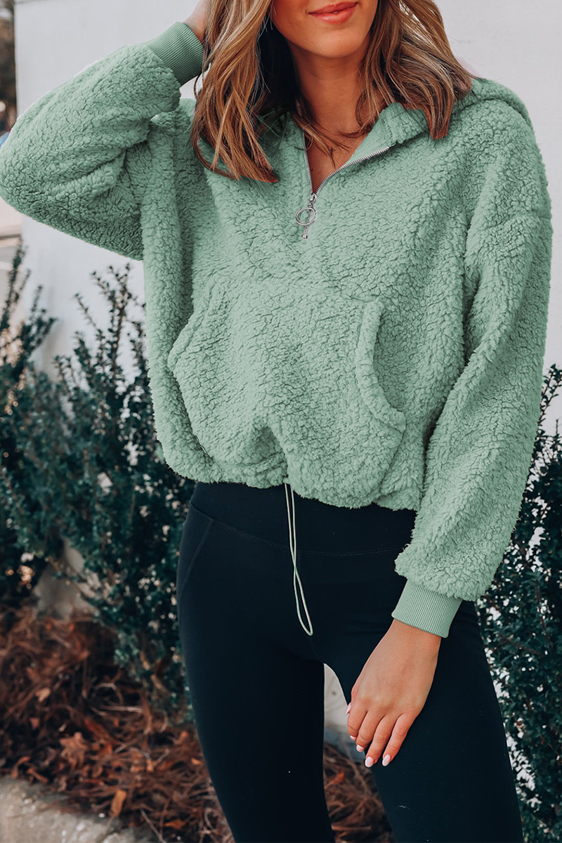 Casual Solid Pocket Zipper Hooded Collar Tops