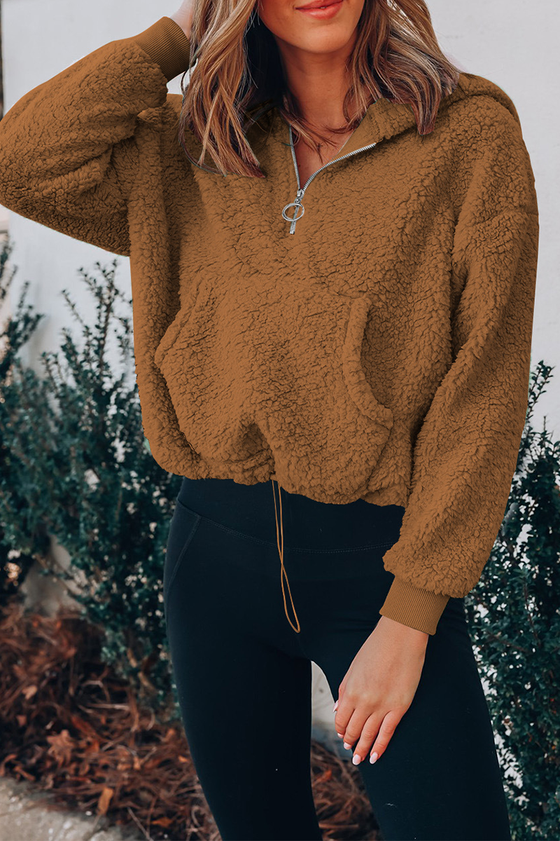 Casual Solid Pocket Zipper Hooded Collar Tops