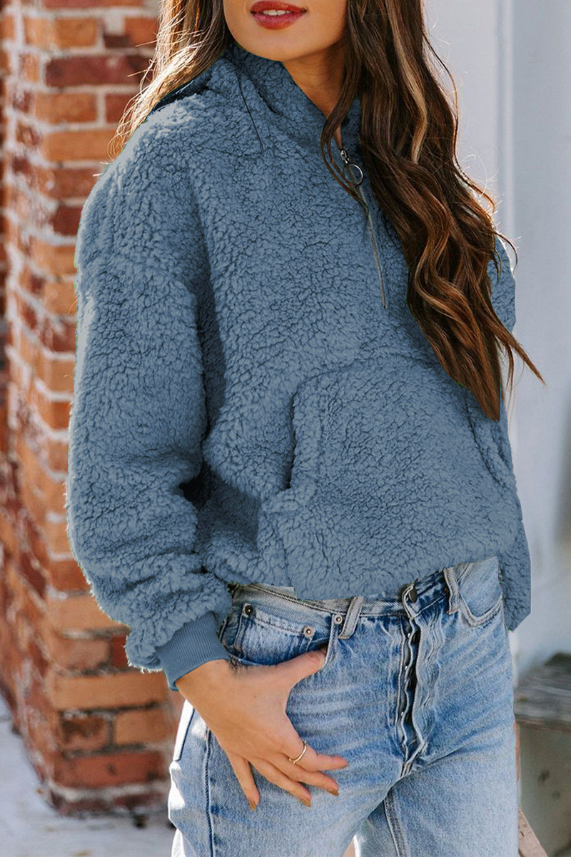 Casual Solid Pocket Zipper Hooded Collar Tops