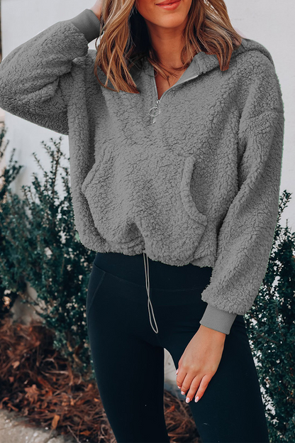 Casual Solid Pocket Zipper Hooded Collar Tops