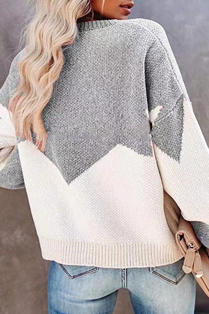 Casual Geometric  Contrast O Neck Tops Sweater