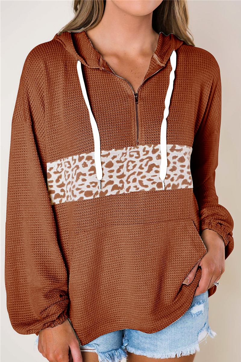 Casual Print Pocket Zipper Hooded Collar Tops