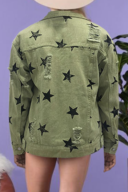 Chaqueta vaquera de manga larga con cuello vuelto, hebilla rasgada y estrellas de Street